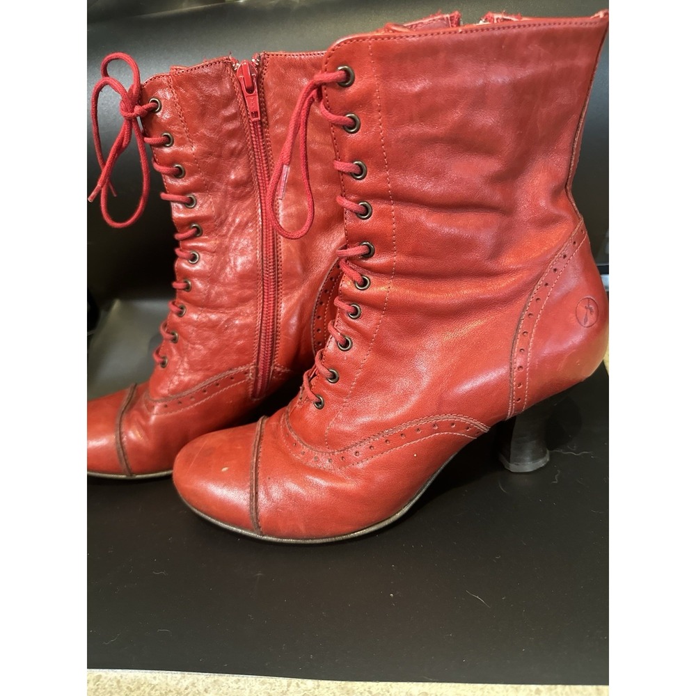 Bronx Red Leather Lace-Up Victorian Steampunk Ankle Boots EU 37 US 6.5